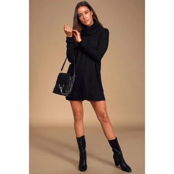 NWT Lulus Autumn Daze Black Cowl Neck Long Sleeve Sweater Dress - Size L - Picture 1 of 15
